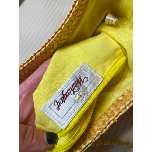 VTG Worthington Straw Bucket Bag W/ Gold Chain Strap & Bright Yellow Lining - Picture 5 of 12